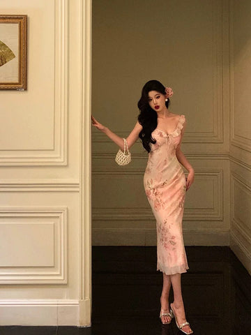 Sheath V Neckline Date Night Dress Floral Pink Prom Dresses Party Dress Birthday Outfits SD788